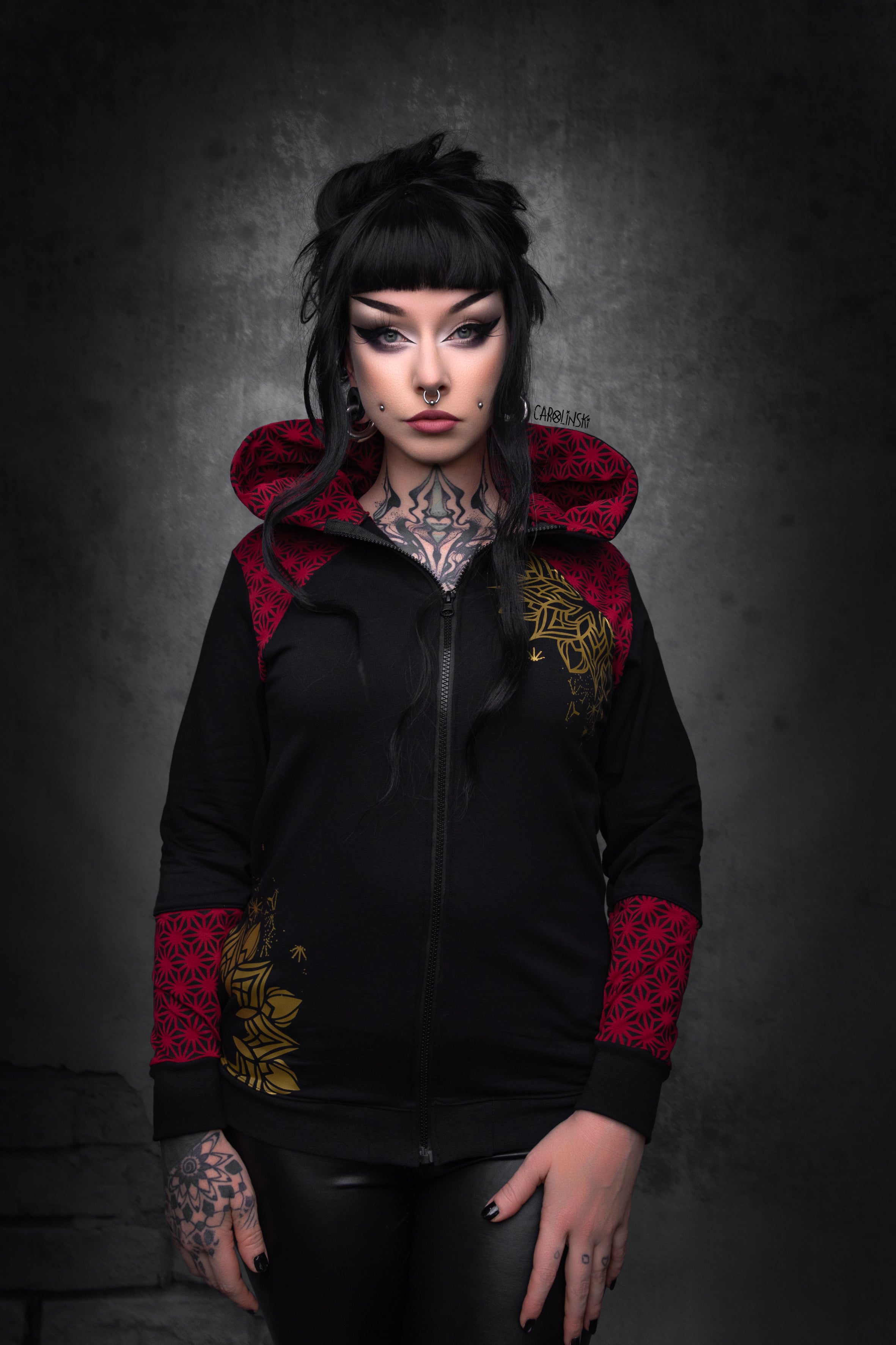 Zip Jacket - wine red gold geometric